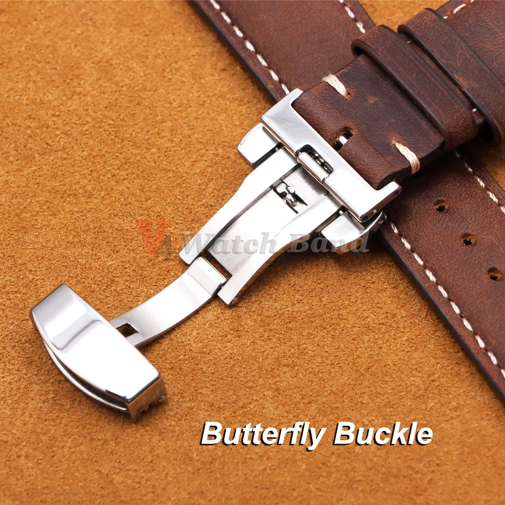 Genuine Calfskin Leather Band for Omega Business Watch Band for Seiko 14/16/18/20/22/24mm Butterfly Buckle Stitching Brown Strap