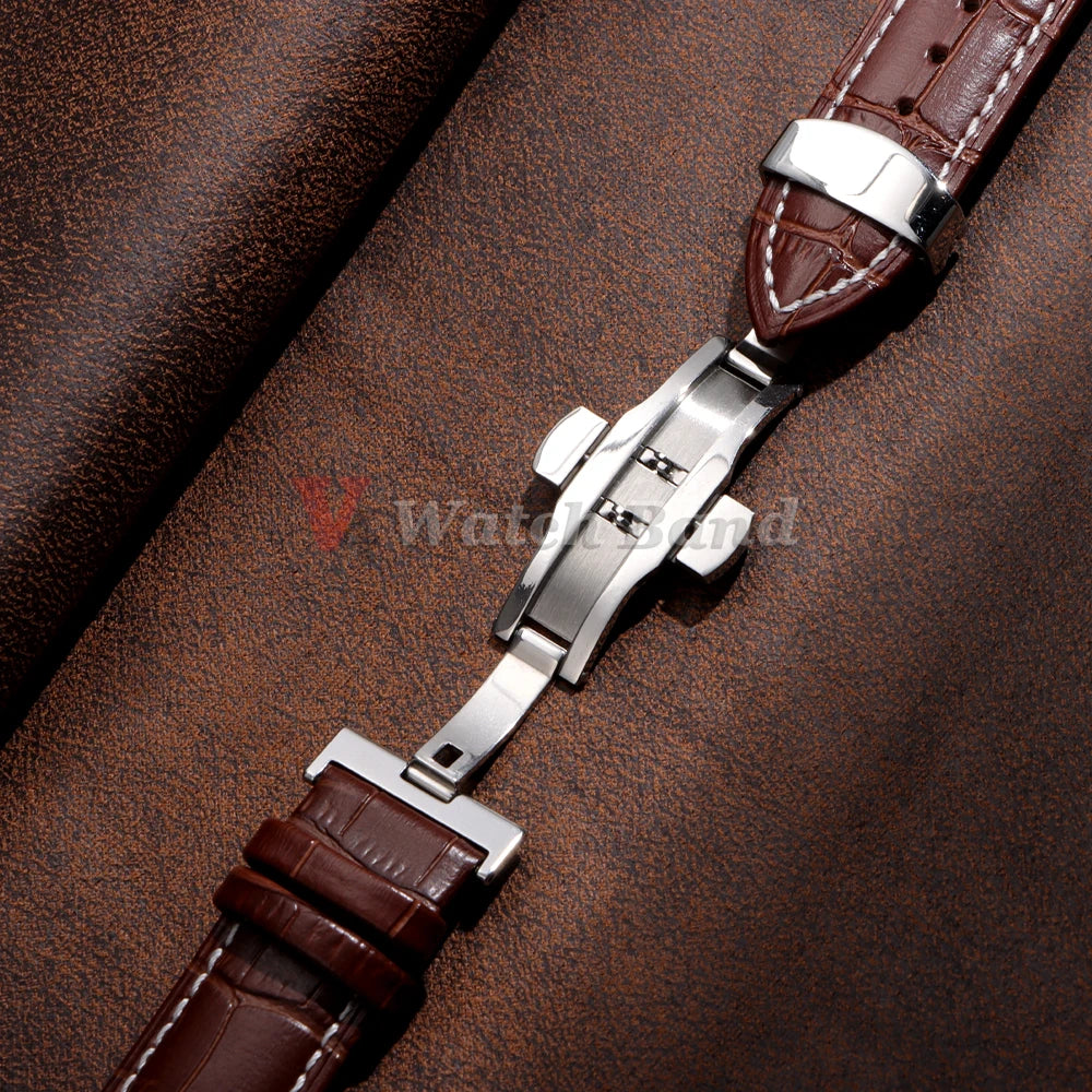 12/13/14/15/16/17/18/19/20/21/22/23/24mm Genuine Leather Strap with Box Bracelet Wristband Band Butterfly Clasp Watch Accessory