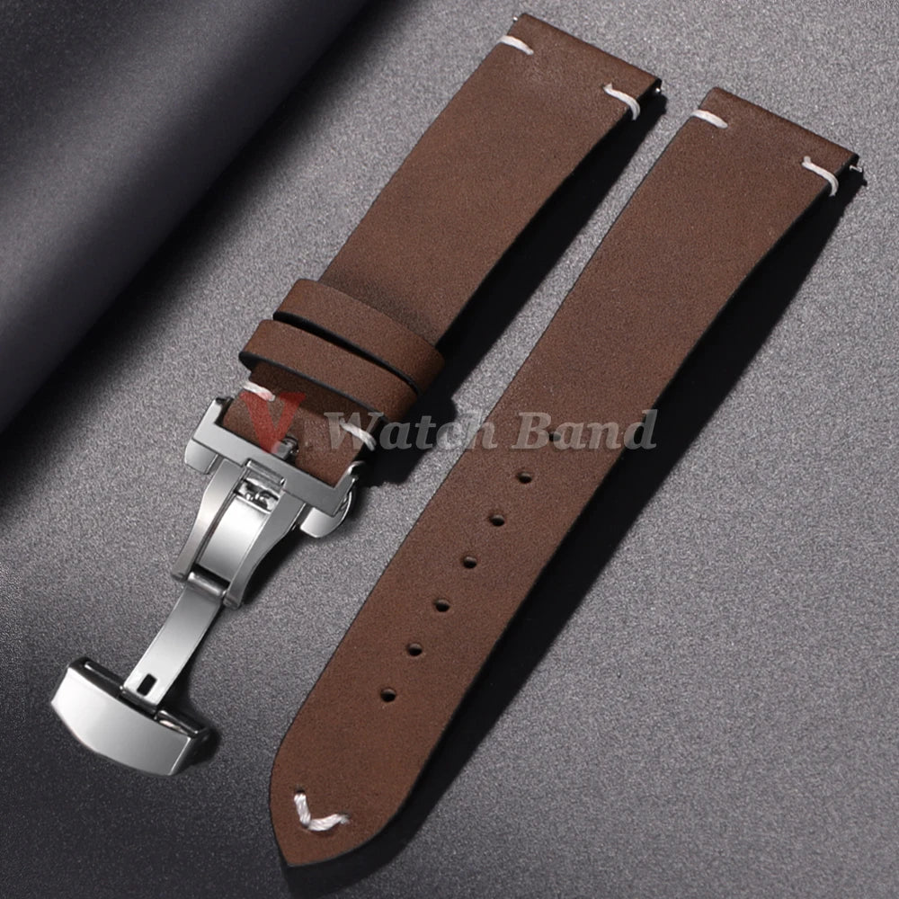 20mm 22mm Vintage Leather Watch Band Quick Release Butterfly Buckle Stitching Cowhide Strap for Omega Wrist Bracelet for Seiko