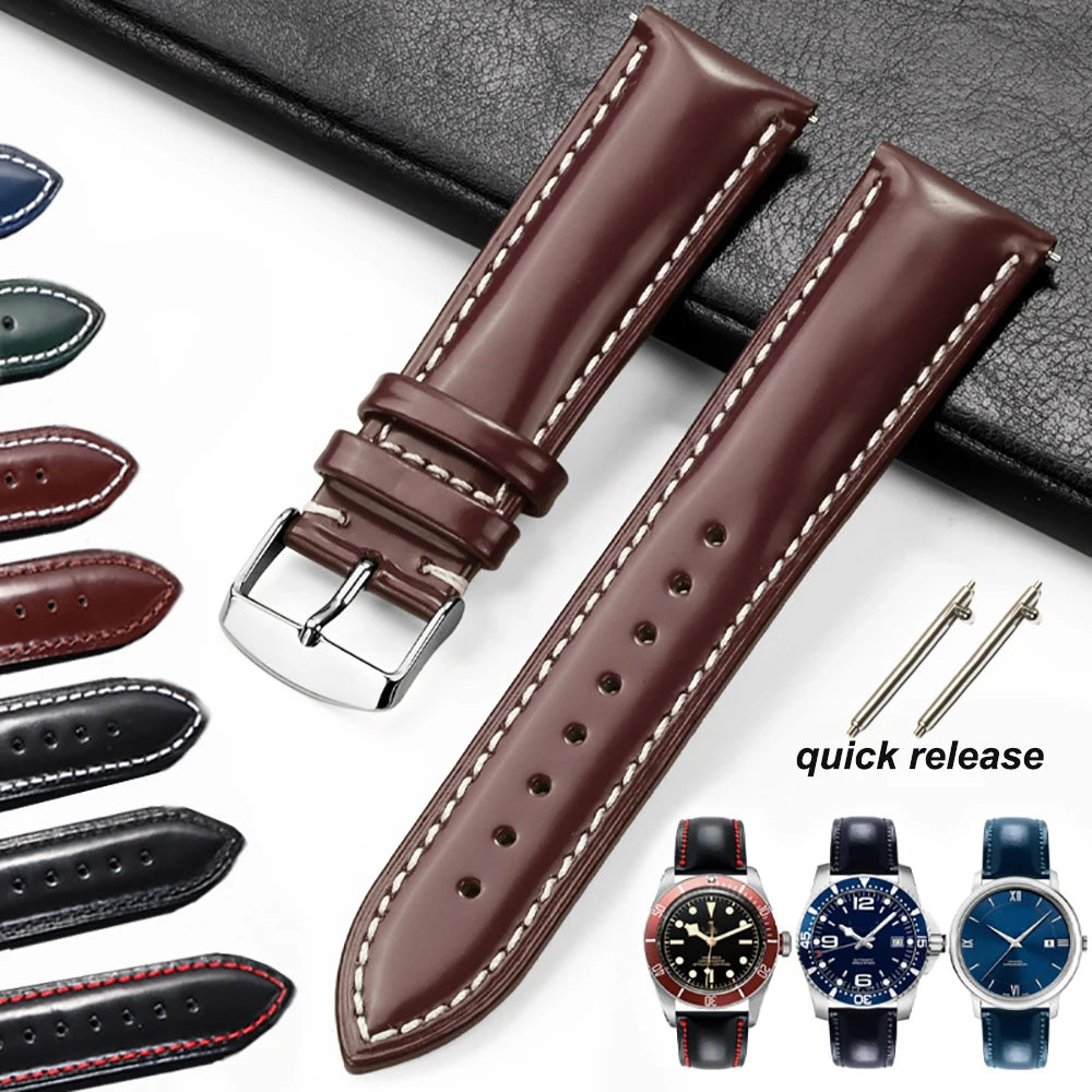Polished Cowhide Strap for Omega 20mm 22mm Stitching Wrist Bracelet for Seiko Polish Vintage Watch Band for Citizen