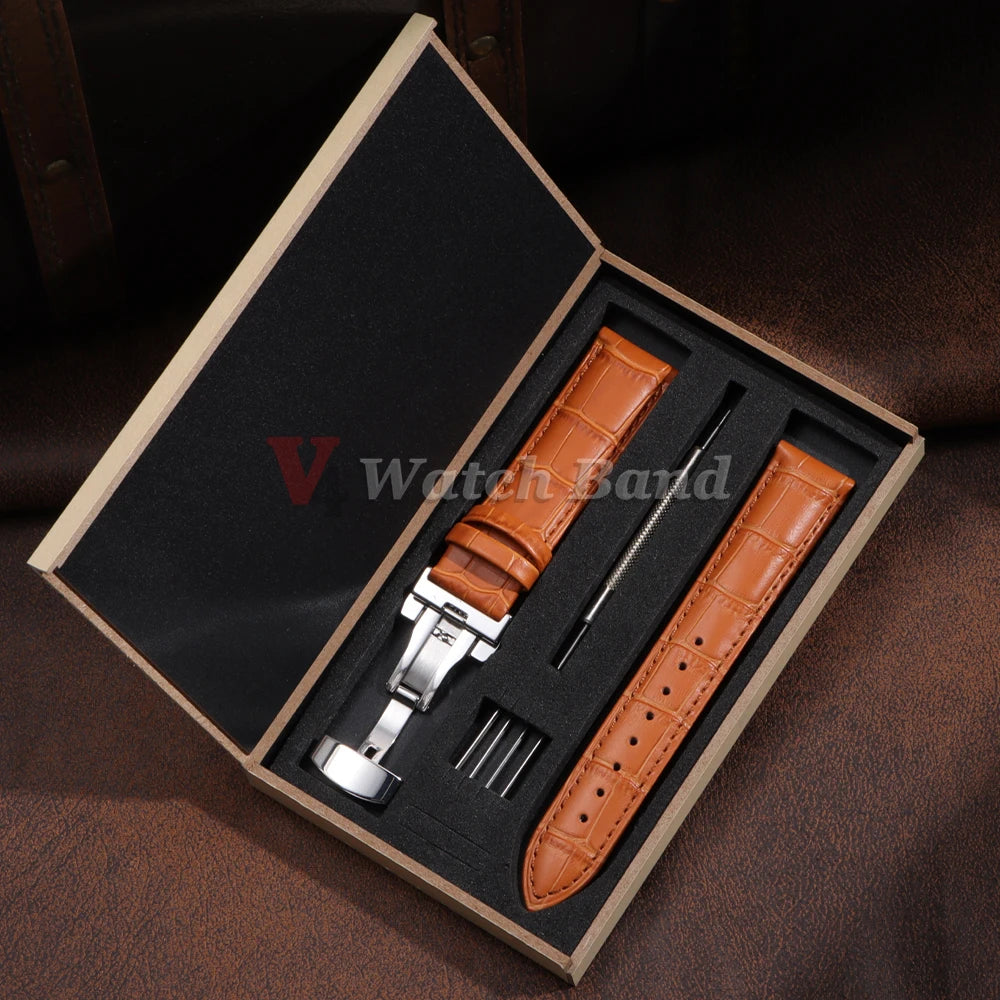 12/13/14/15/16/17/18/19/20/21/22/23/24mm Genuine Leather Strap with Box Bracelet Wristband Band Butterfly Clasp Watch Accessory