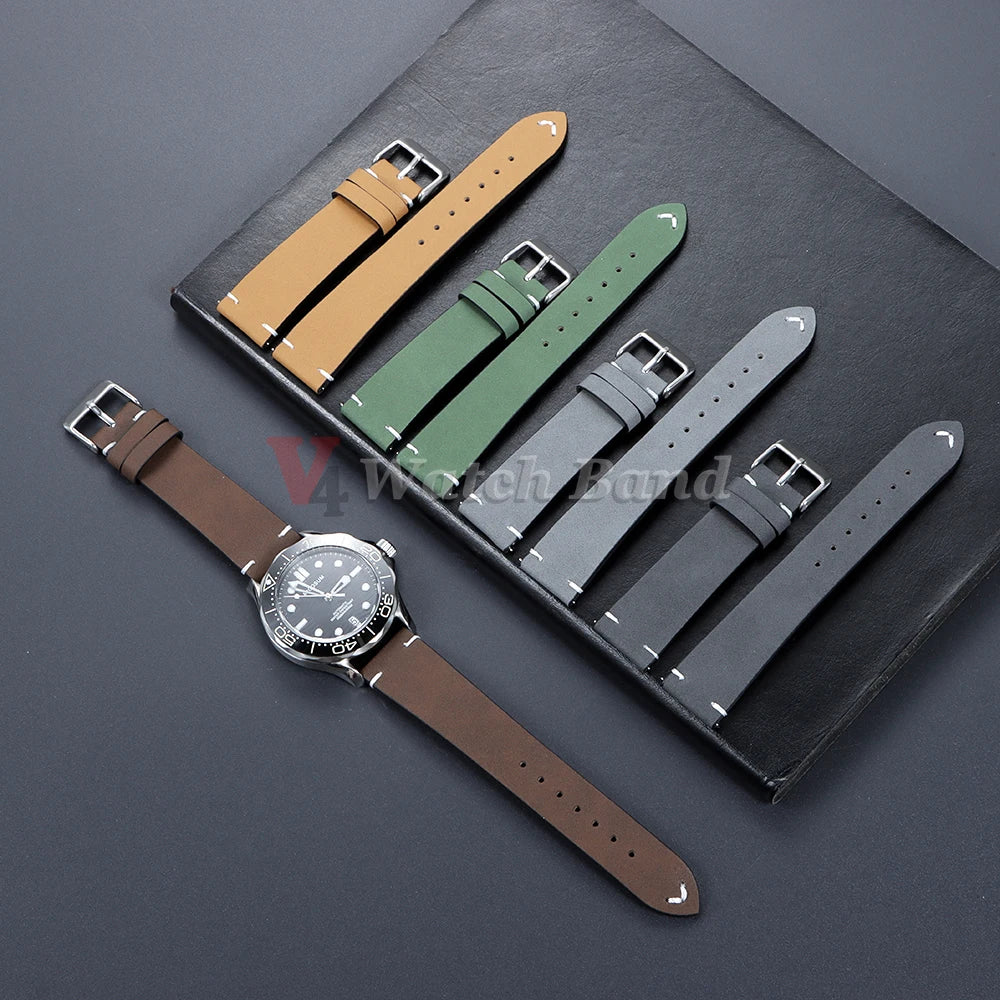 Vintage Matte Leather Watch Band for Seiko 20mm 22mm for Omega Handmade Stitching Cowhide Strap for Huawei Smartwatch Wristband
