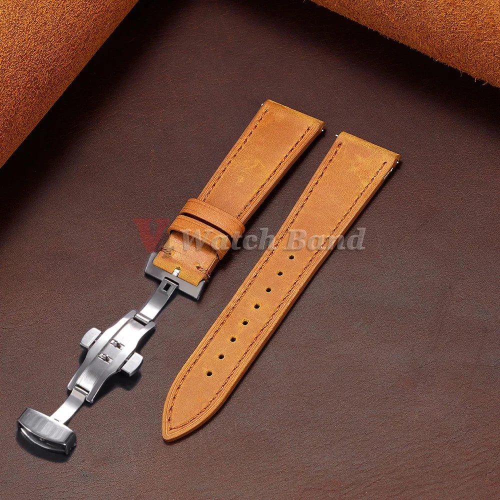 Vintage Brown Watch Band Butterfly Buckle Stitching Cowhide Strap for Omega 18/19mm 20/21mm 22/24mm for Wrist Bracelet for Seiko