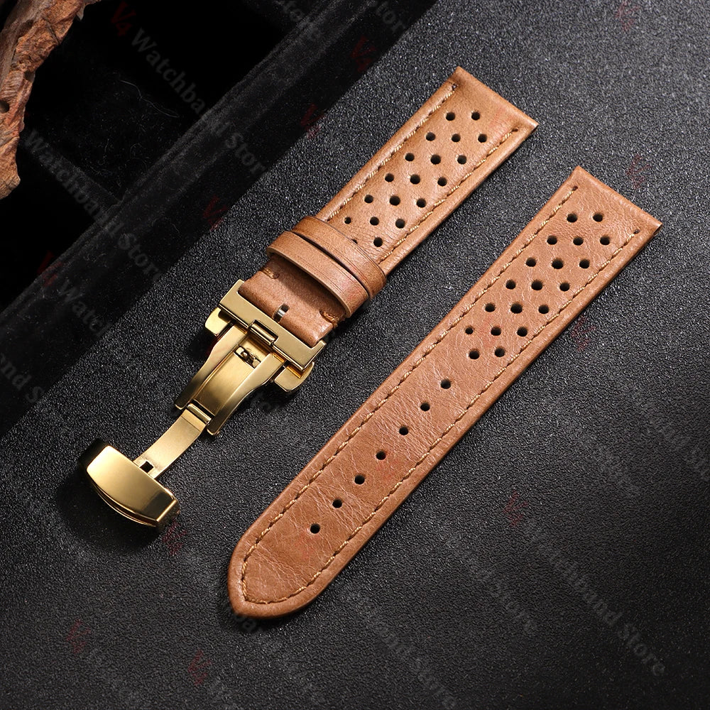 18mm 20mm 22mm Universal Genuine Cowhide Watch Band Vintage Strap for Men Women Breathable Bracelet Butterfly Buckle Wristbelt