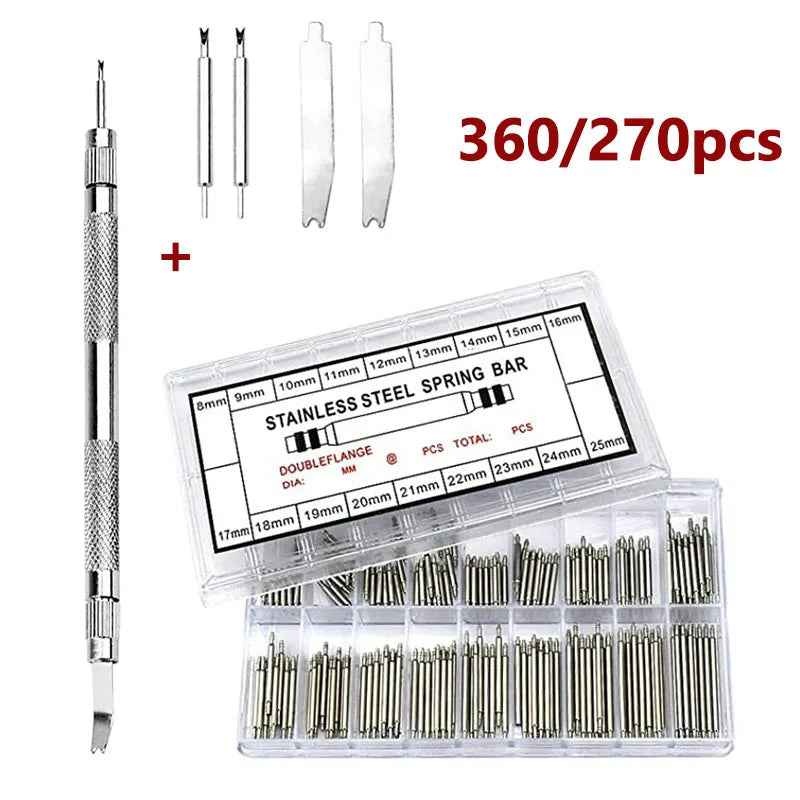 270 360pcs/set Strainless Steel Spring Bars Pins Dia 1.5/1.8mm Length 8mm-25mm/6mm-23mm Watchband Strap Belt Watch Repair Tools