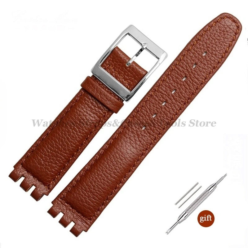 17mm Cowhide Leather Strap for Swatch Lychee Leather Watch Band for Men Women Belt Metal Buckle Replacement Bracelet Accessories