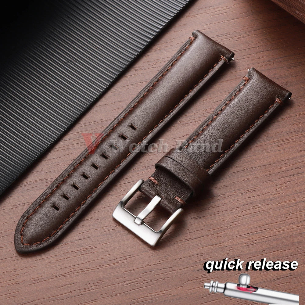 Cowhide Leather Watch Strap 20mm 22mm 24mm for Fossil Band for Samsung Galaxy Watch 7/6/5/4 Vintage Brown Quick Release Bracelet