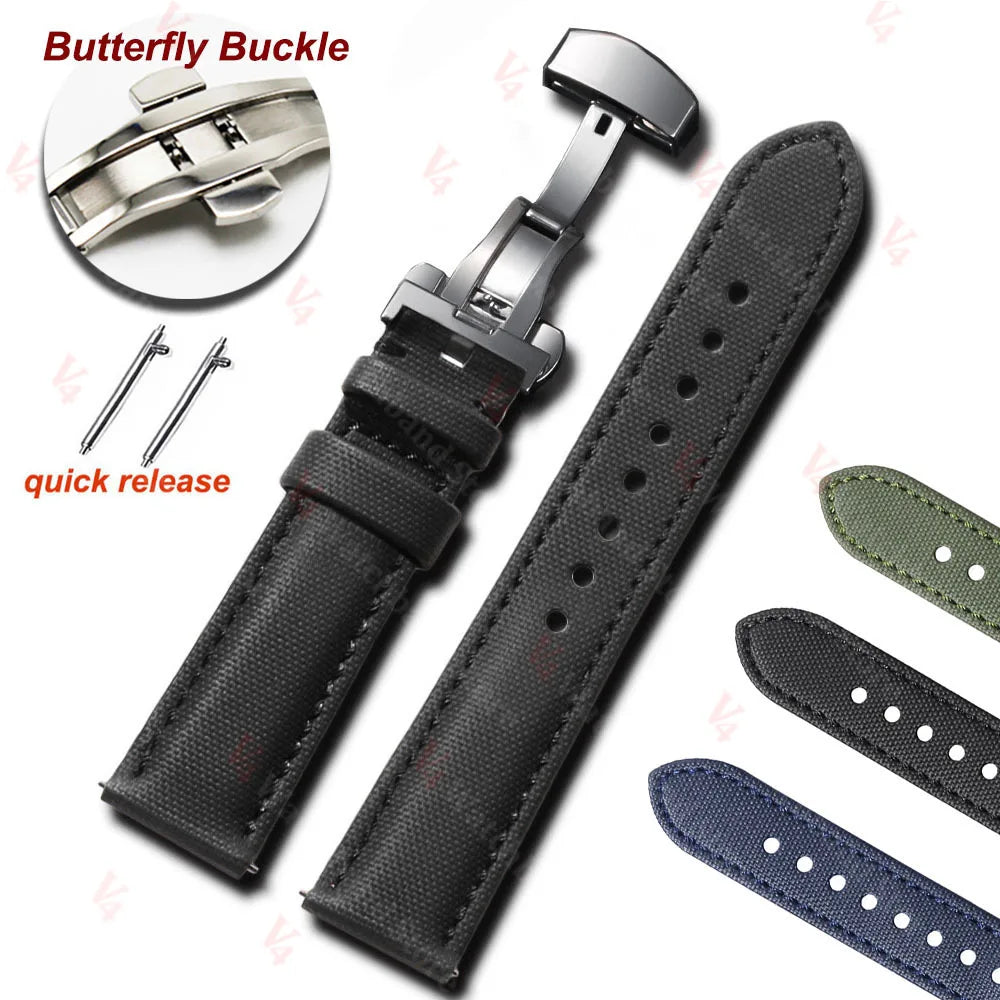 18mm 20mm 22mm Sailcloth Nylon Leather Watchband for Omega Business  Band for Seiko Butterfly Buckle Stitching Green Blue Strap