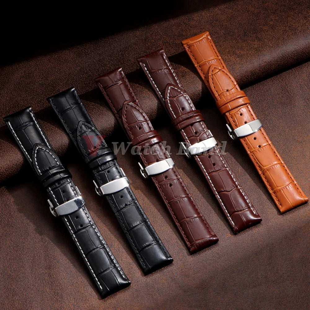 12/13/14/15/16/17/18/19/20/21/22/23/24mm Genuine Leather Strap with Box Bracelet Wristband Band Butterfly Clasp Watch Accessory