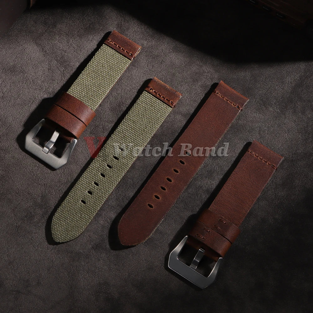 For Panerai for Omega Handmade Canvas Leather Watch Strap 20mm 22mm 24mm Army Green Men Women Watch Bracelet Military Watchband