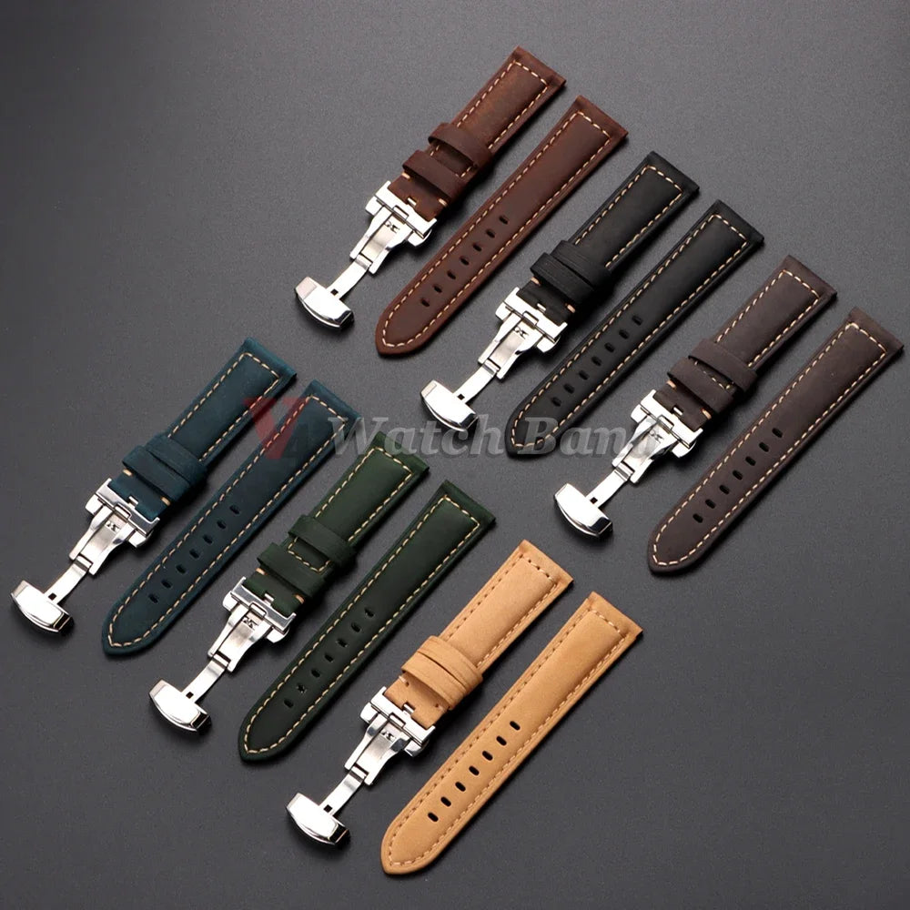 Retro Genuine Calfskin Watchband for Omega Business Watch Band 20mm 22mm 24mm 26mm Butterfly Buckle Stitching Blue Brown Strap