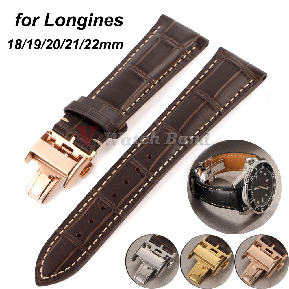 18mm 19mm 20mm 21mm 22mm Cowhide Watch Strap for Longines Replacement Bracelet Universal Metal Butterfly Clasp Wrist Band