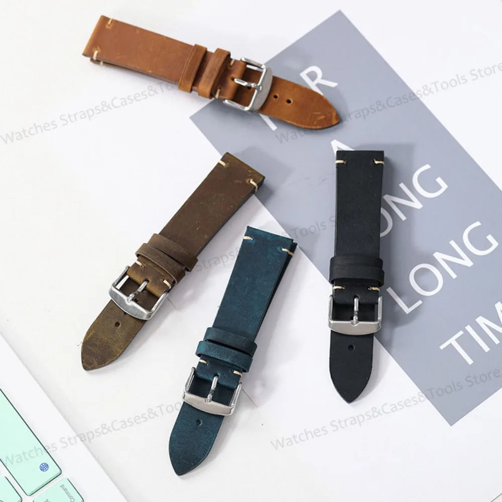 Crazy Horse Leather Retro Watchband 18mm 20mm 21mm 22mm for Seiko for Rolex Men Women Bracelet for Samsung Galaxy Watch 3/4/5/6