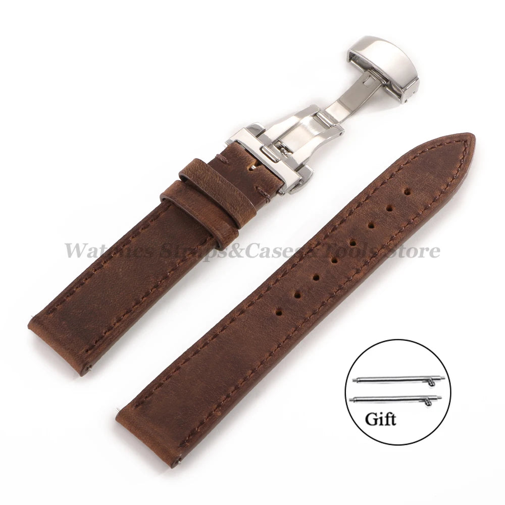 Crazy Horse Leather Watch Strap 18mm 19mm 20mm 21mm 22mm 24mm Butterfly Buckle Stitching Cowhide Strap for Seiko for Omega Belts