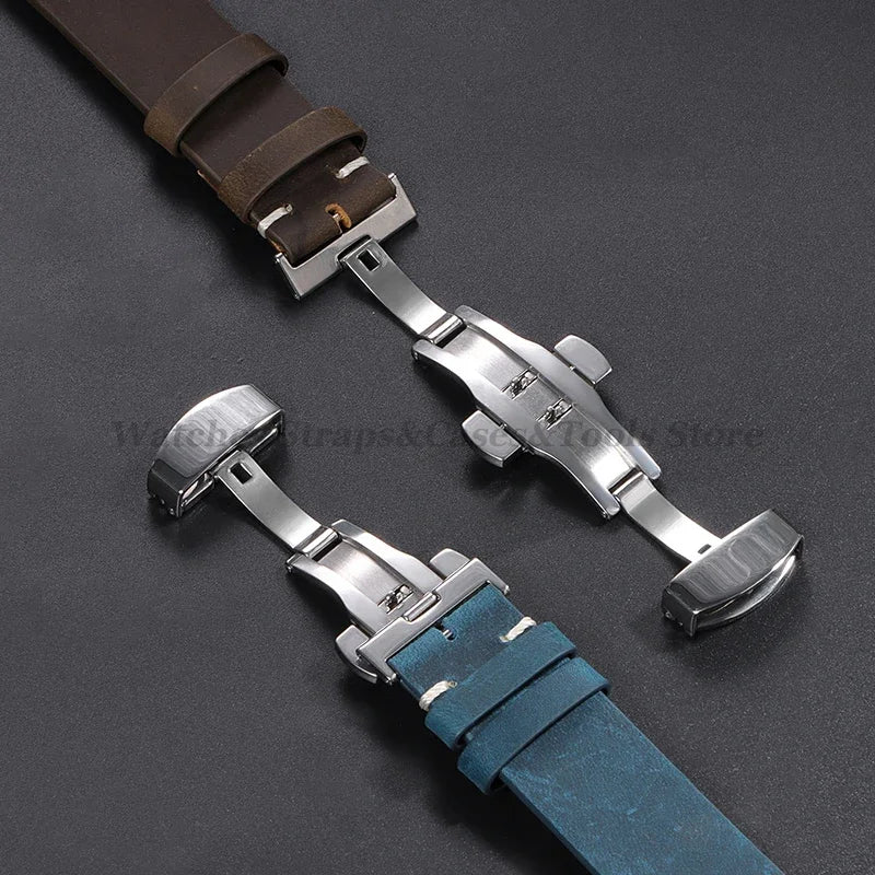 Stitching Cowhide Strap for Omega for Seiko 18/19/20/21/22/24mm Wrist Bracelet Vintage Brown Leather Watch Band Butterfly Buckle