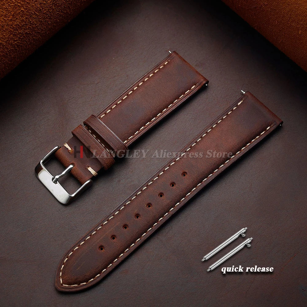 Vintage Cowhide Leather Watch Strap 14mm 16mm 18mm 20mm 22mm 24mm for Huawei WatchGT4/GT3 Stitching Brown Quick Release Bracelet