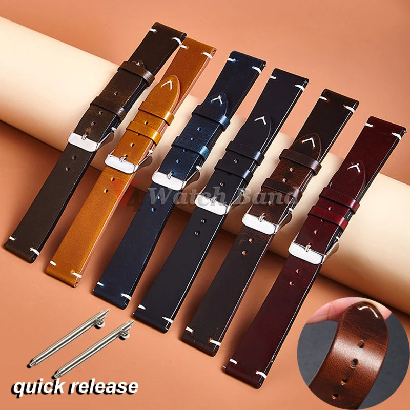 18mm 19mm 20mm 21mm 22mm 24mm Wristband Retro Oil Wax Genuine Leather Watchband Quick Release Calfskin Strap for Seiko for Rolex
