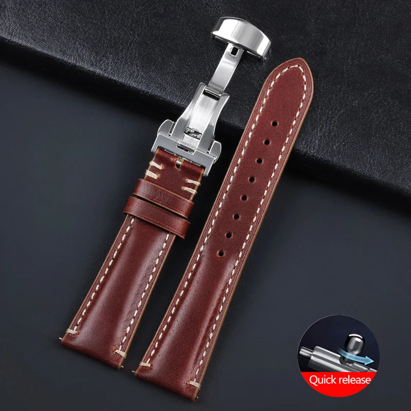 Stitching Cowhide Strap for Omega 20mm 22mm 24mm Yellow Wrist Bracelet for Seiko BlackVintage Leather Watchband Butterfly Buckle