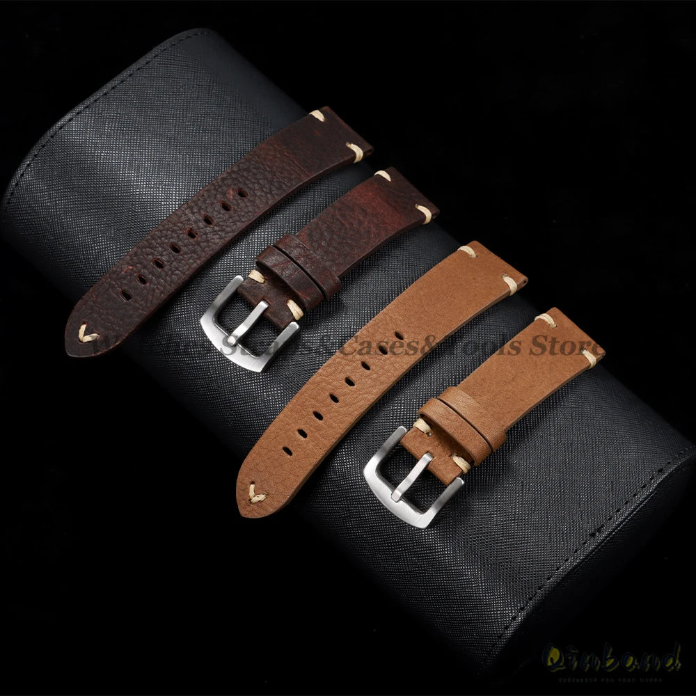 18mm 20mm 22mm Genuine Leather Watchband Old Black Brown Men Women Vintage Handmade Stitching Bracelet for Seiko for Omega Strap