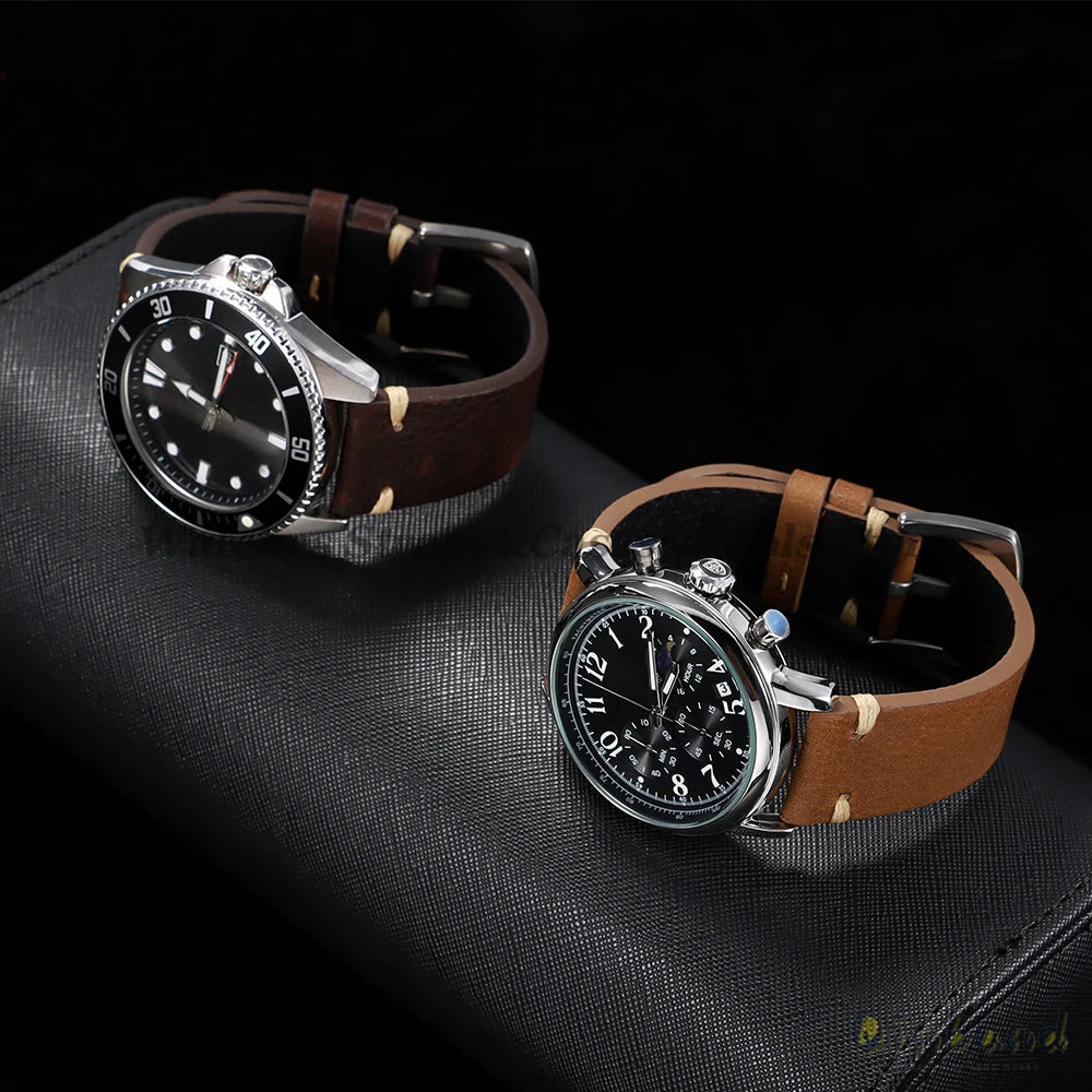 18mm 20mm 22mm Genuine Leather Watchband Old Black Brown Men Women Vintage Handmade Stitching Bracelet for Seiko for Omega Strap