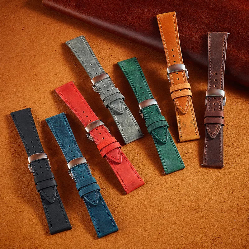 Crazy Horse Cowhide Leather Watch Strap 18mm19mm 20mm 21mm 22mm 24mm Butterfly Buckle Bracelet for Omega Smart Vintage Watchband