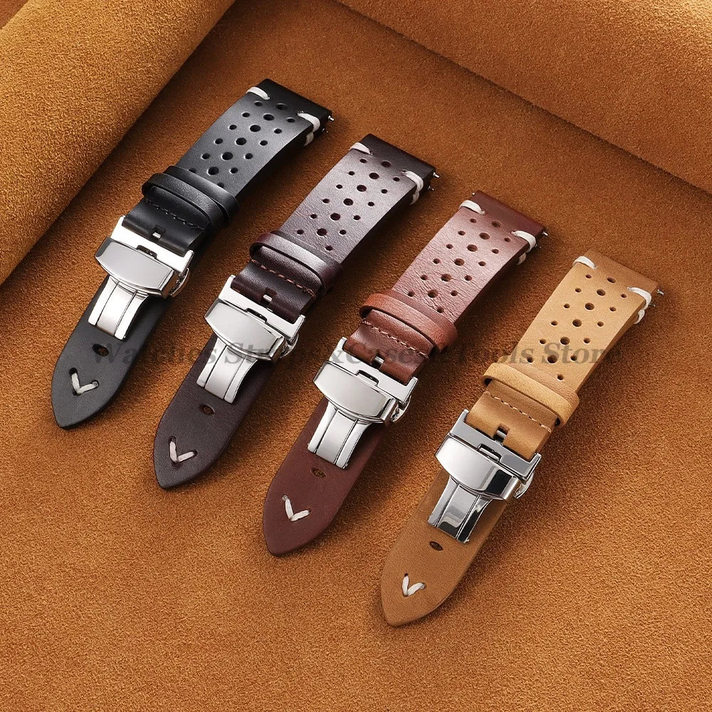 20mm 22mm Genuine Cowhide Leather Watchband Strap for Seiko for Omega Oil Wax Discoloration Butterfly Buckle Business Bracelets