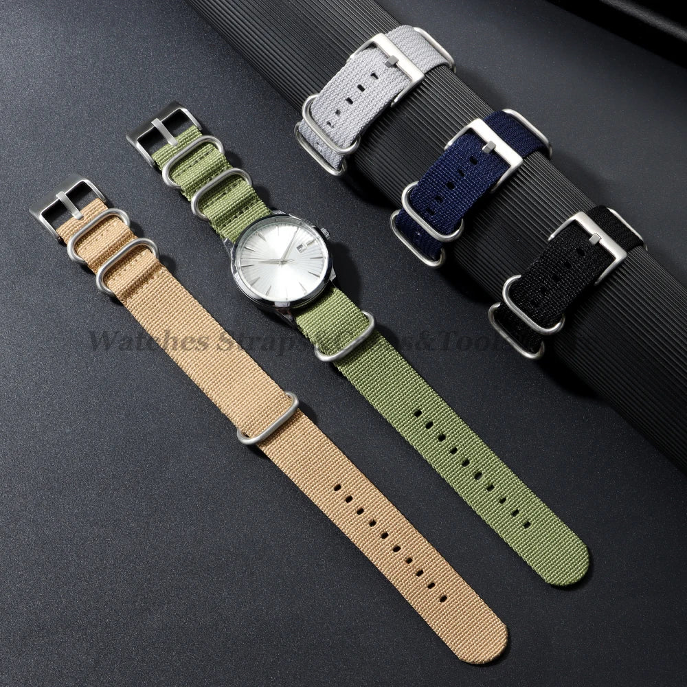 20mm 22mm Thicken Ribbed Nylon Watch Band Strap for Seiko for Military Casual Weave Men Women Sport Bracelet Silver Ring Buckle