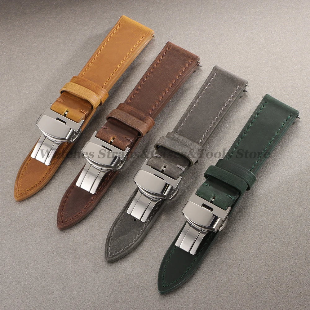 Crazy Horse Leather Watch Strap 18mm 19mm 20mm 21mm 22mm 24mm Butterfly Buckle Stitching Cowhide Strap for Seiko for Omega Belts