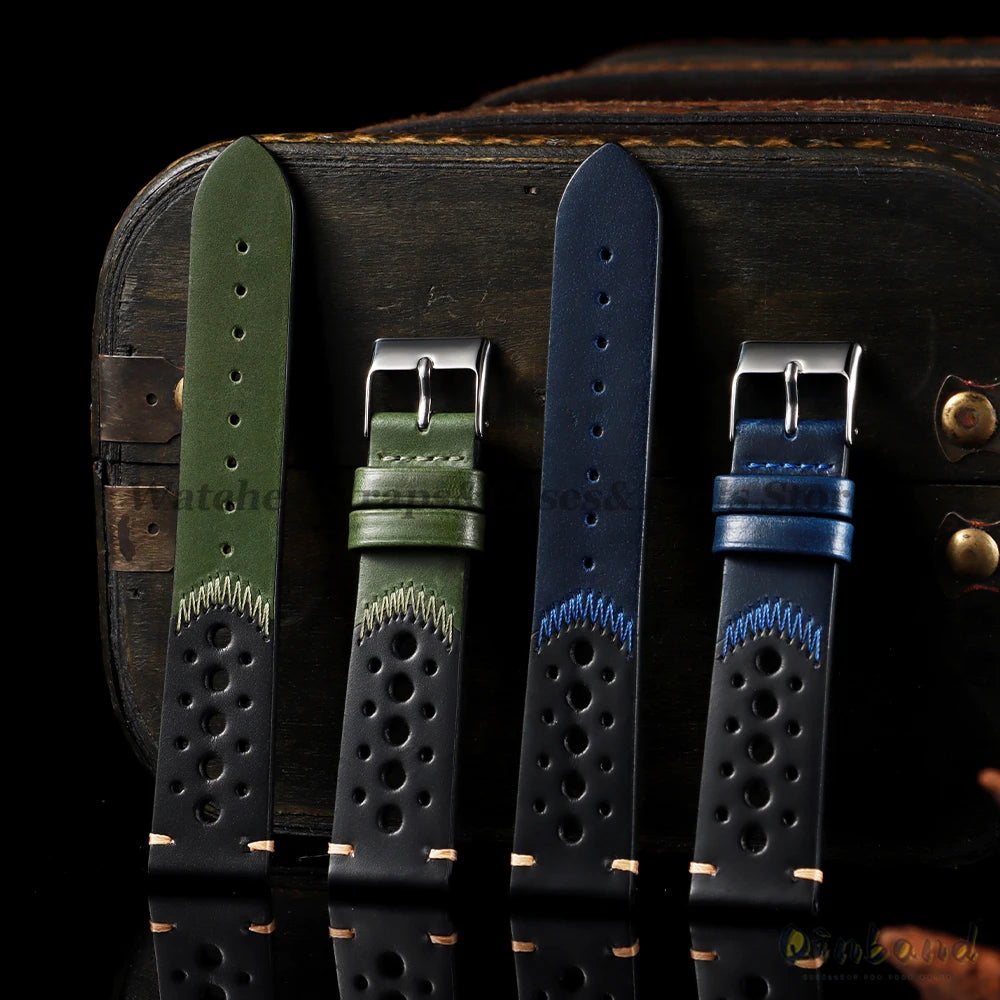 20mm 22mm Vintage Oil Wax Leather Watchband Breathable Porous Wristband Stitching Cowhide Strap for Omega for Seiko Watch Bands