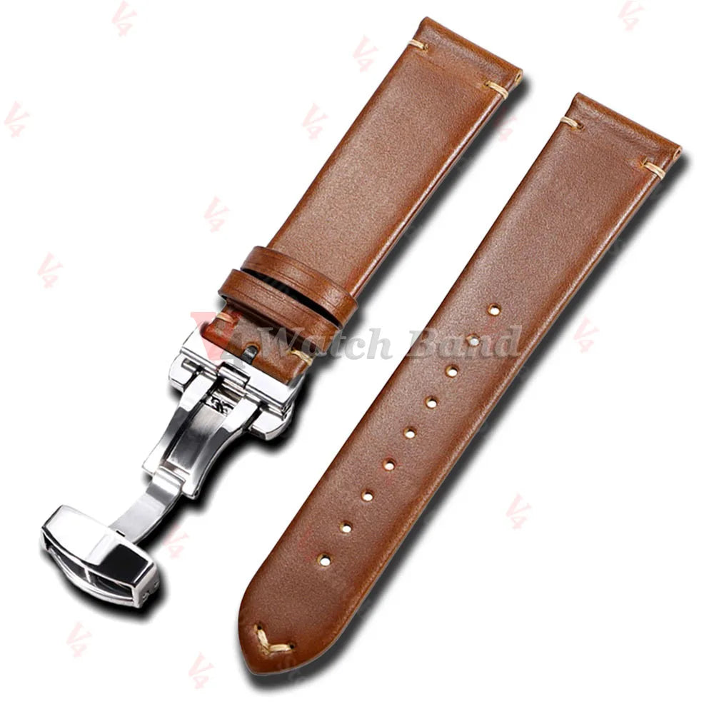18mm 20mm 22mm Vintage Oil Wax Cowhide Watchband Wristband Butterfly Buckle Stitching Brown Strap for Omega for Seiko Watchband