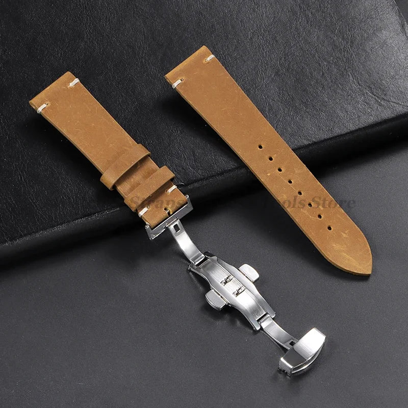 Stitching Cowhide Strap for Omega for Seiko 18/19/20/21/22/24mm Wrist Bracelet Vintage Brown Leather Watch Band Butterfly Buckle