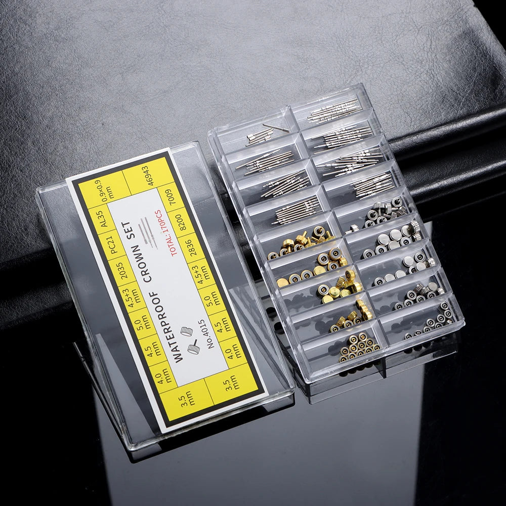 170Pcs/Box Watch Crown Parts Replacement Case Crown Stem Assorted Dome Flat Head Watch Accessories Repair Tool Kits with Box