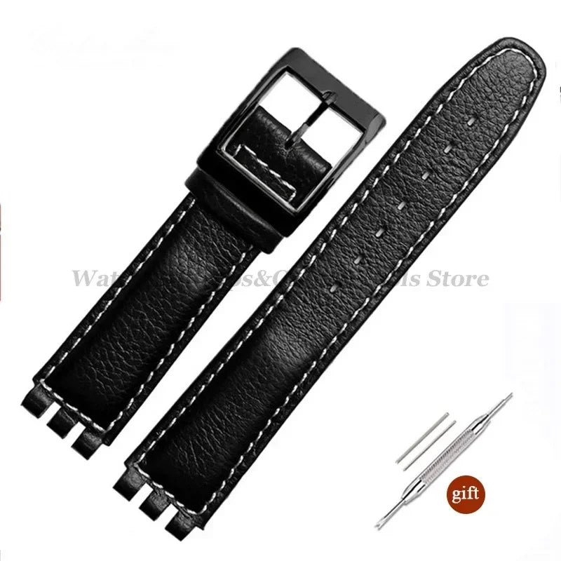 17mm Cowhide Leather Strap for Swatch Lychee Leather Watch Band for Men Women Belt Metal Buckle Replacement Bracelet Accessories