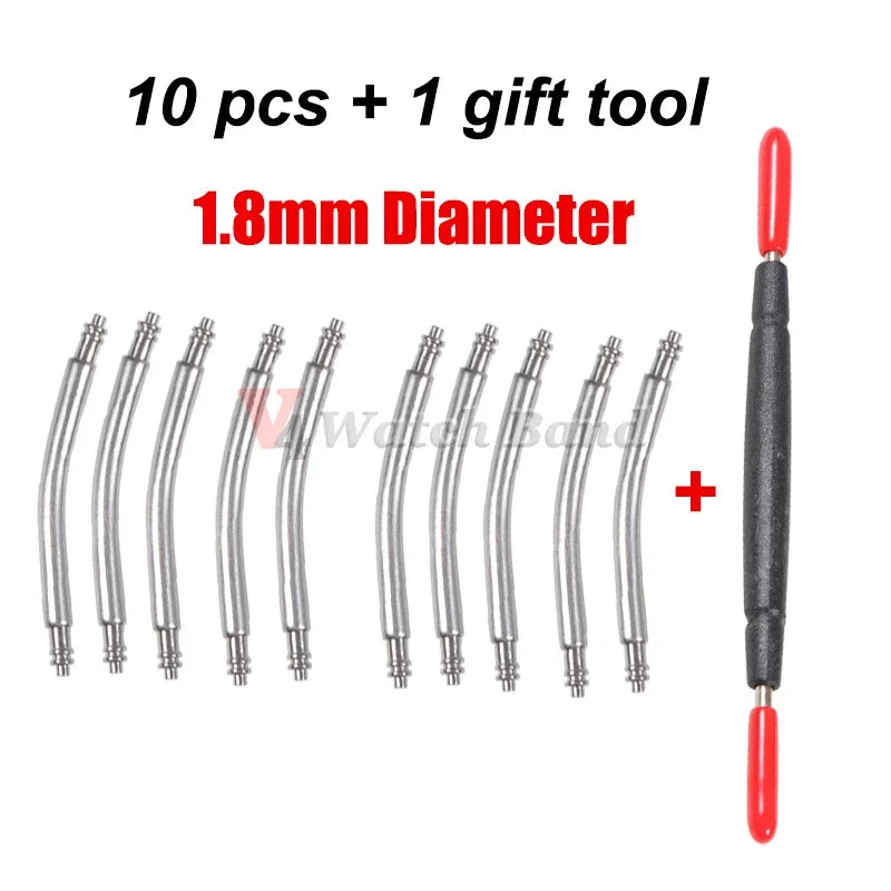 10pcs Curved End Spring Bar Dia 1.5mm 1.8mm Watch Strap Link Pins 18mm 20mm 22mm 24mm for Smart Watch Curved Band with Tool