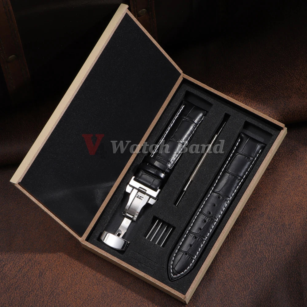 12/13/14/15/16/17/18/19/20/21/22/23/24mm Genuine Leather Strap with Box Bracelet Wristband Band Butterfly Clasp Watch Accessory