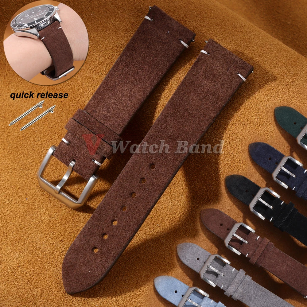 Suede Genuine Leather Watchband for Seiko for Samsung Vintage Straps Handmade Stitching Bracelet 20mm 22mm for Huawei Gt2 GT3/4