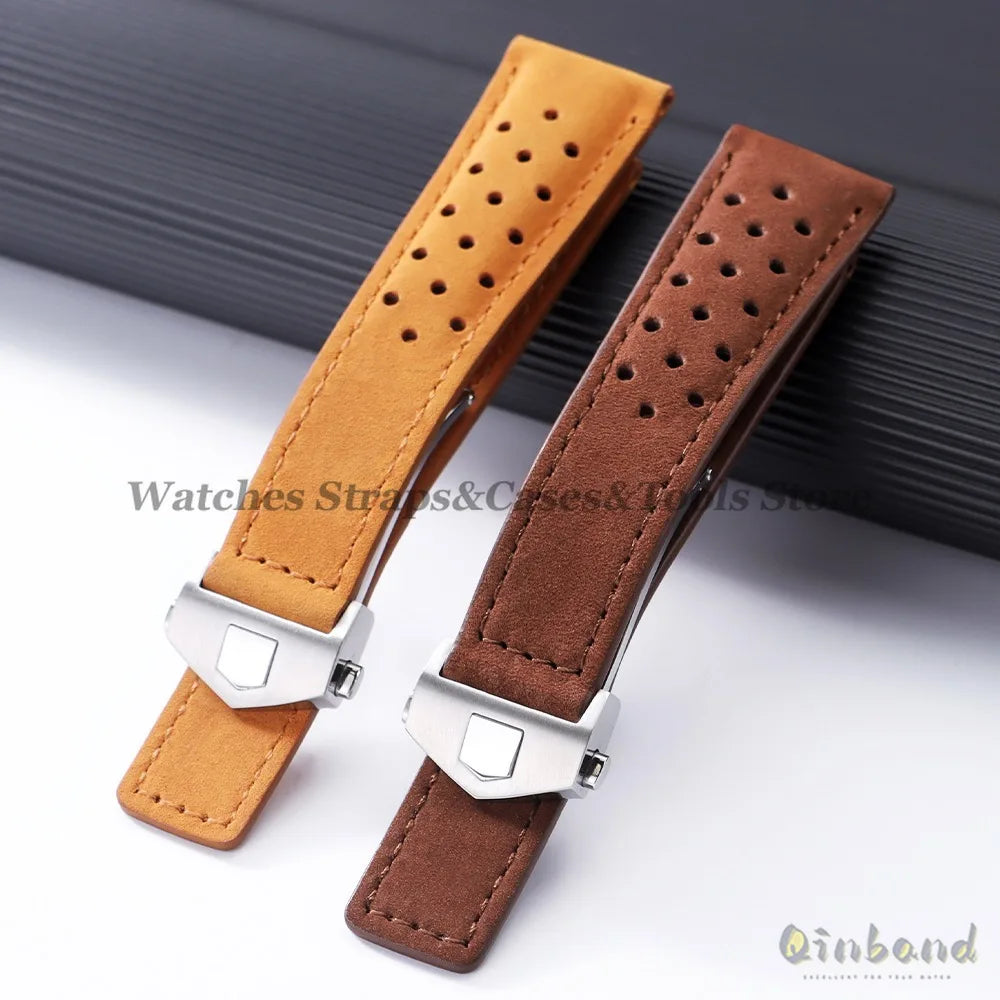 20mm 22mm 24mm Soft Genuine Cow Leather Watchband for Tag Heuer for Carrera Monaco Series Frosted Fold Buckle Men Women Straps