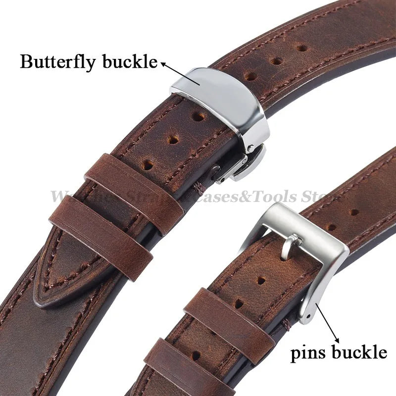 Crazy Horse Cowhide Leather Watch Strap 18mm19mm 20mm 21mm 22mm 24mm Butterfly Buckle Bracelet for Omega Smart Vintage Watchband