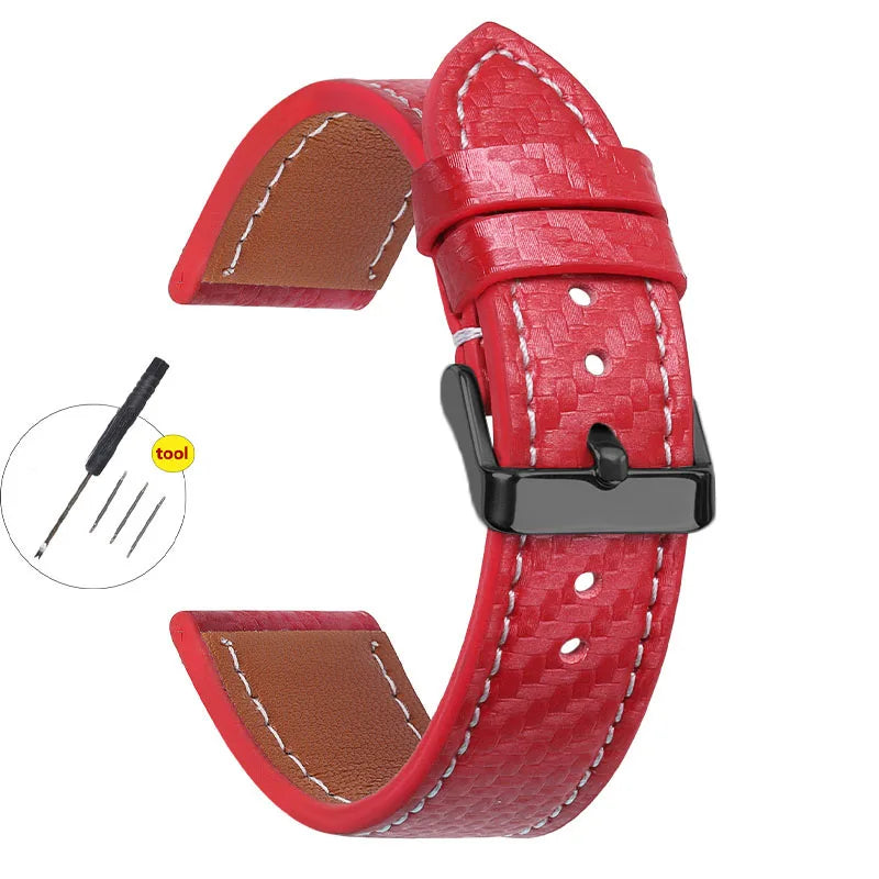 Carbon Fiber Texture Leather Strap for Seiko Cowhide Leather Watchband Soft Men Watch Accessories Wrist Belt 18mm 20mm 22mm 24mm