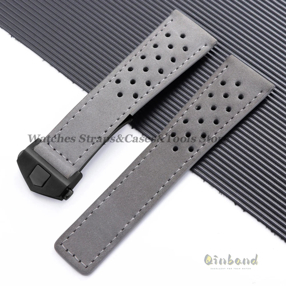 20mm 22mm 24mm Soft Genuine Cow Leather Watchband for Tag Heuer for Carrera Monaco Series Frosted Fold Buckle Men Women Straps