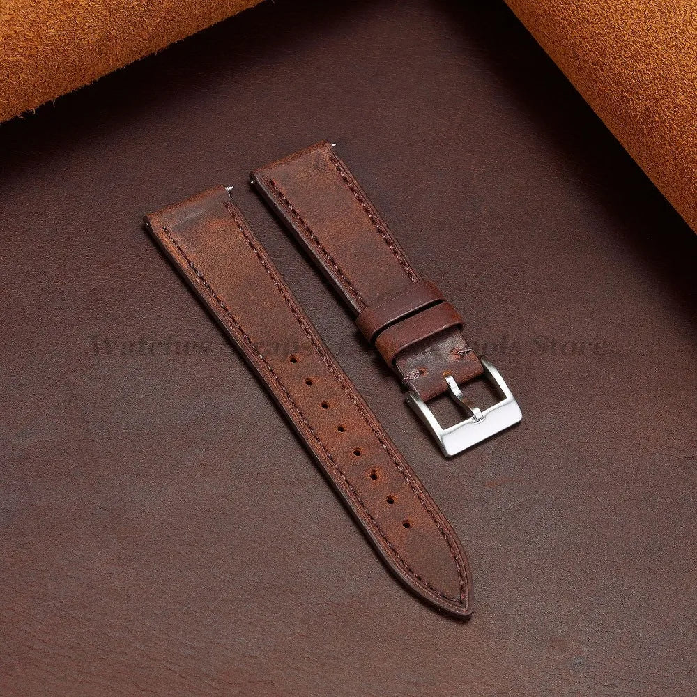 Crazy Horse Cowhide Leather Watch Strap 18mm19mm 20mm 21mm 22mm 24mm Butterfly Buckle Bracelet for Omega Smart Vintage Watchband