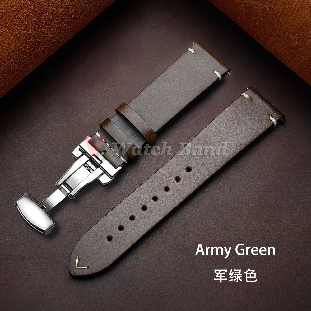 Bracelet for Seiko Vintage Oil Wax Leather Watch Band Butterfly Buckle Stitching Cowhide Strap for Omega 18/19/20/21/22/24mm