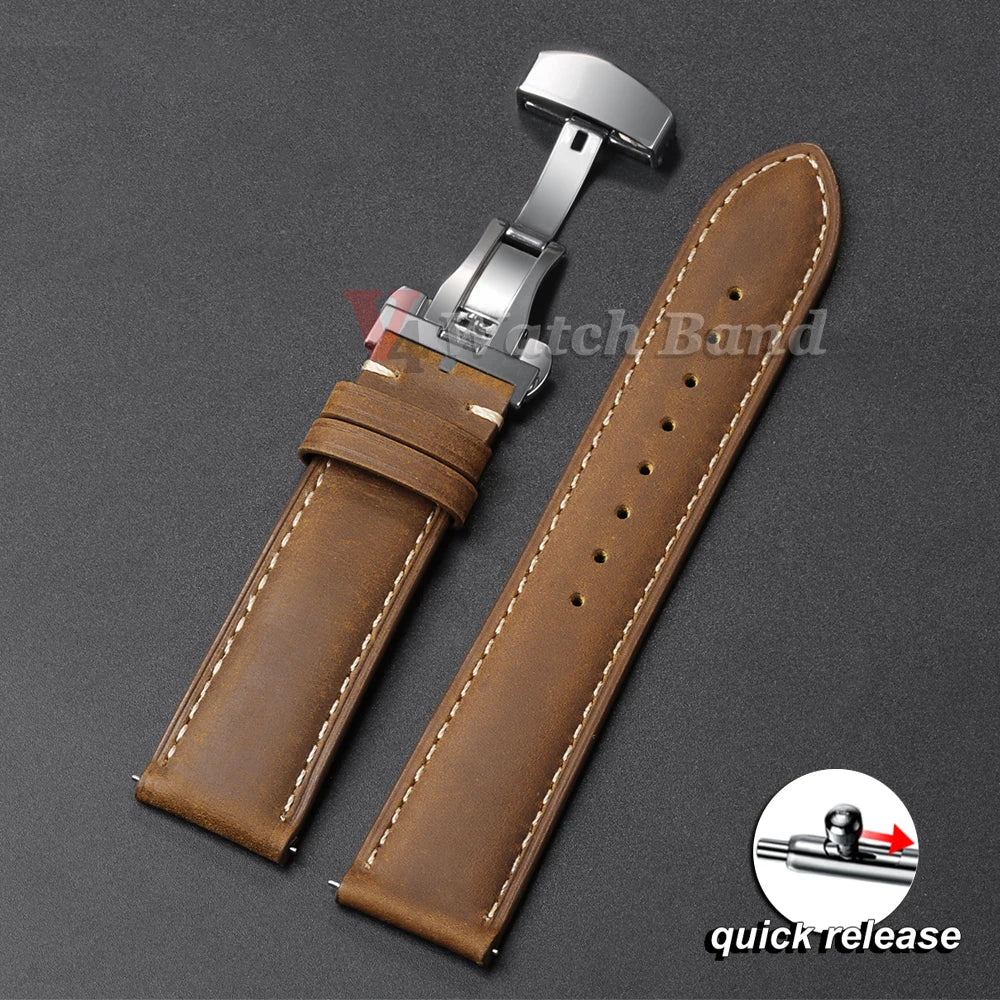 Genuine Calfskin Watchband for Omega Business Watch Band for Seiko 20/22/24mm Butterfly Buckle Stitching Brown Strap 14/16/18mm