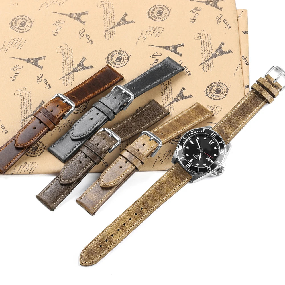 Genuine Cowhide Strap for Casio for Seiko for Omega  High Quality Crazy Horse Cowhide Watch Band for Rolex 18 22 22mm