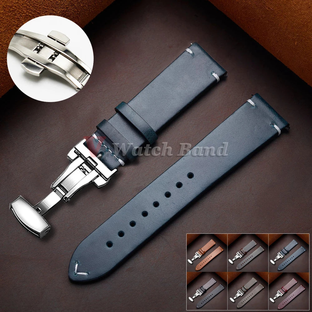 Vintage Leather Watch Band Butterfly Buckle Stitching Oil Wax Cowhide Strap for Omega 18/19/20/21/22/24mm Bracelet for Seiko