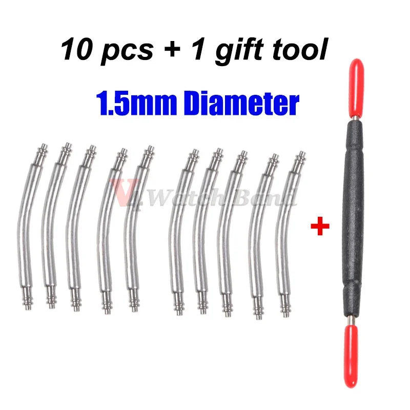 10pcs Curved End Spring Bar Dia 1.5mm 1.8mm Watch Strap Link Pins 18mm 20mm 22mm 24mm for Smart Watch Curved Band with Tool