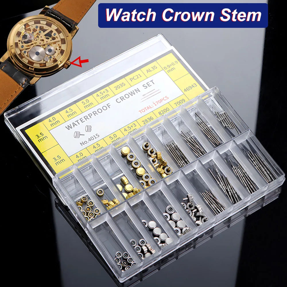 170Pcs/Box Watch Crown Parts Replacement Case Crown Stem Assorted Dome Flat Head Watch Accessories Repair Tool Kits with Box