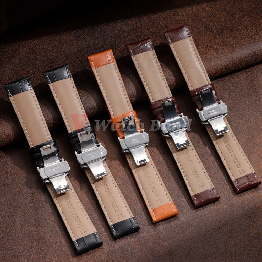 12/13/14/15/16/17/18/19/20/21/22/23/24mm Genuine Leather Strap with Box Bracelet Wristband Band Butterfly Clasp Watch Accessory