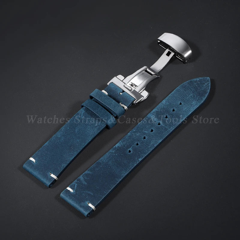 Stitching Cowhide Strap for Omega for Seiko 18/19/20/21/22/24mm Wrist Bracelet Vintage Brown Leather Watch Band Butterfly Buckle