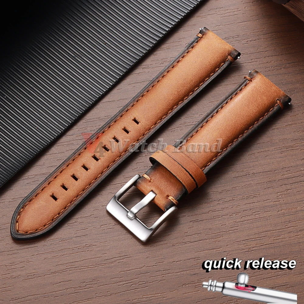 Cowhide Leather Watch Strap 20mm 22mm 24mm for Fossil Band for Samsung Galaxy Watch 7/6/5/4 Vintage Brown Quick Release Bracelet